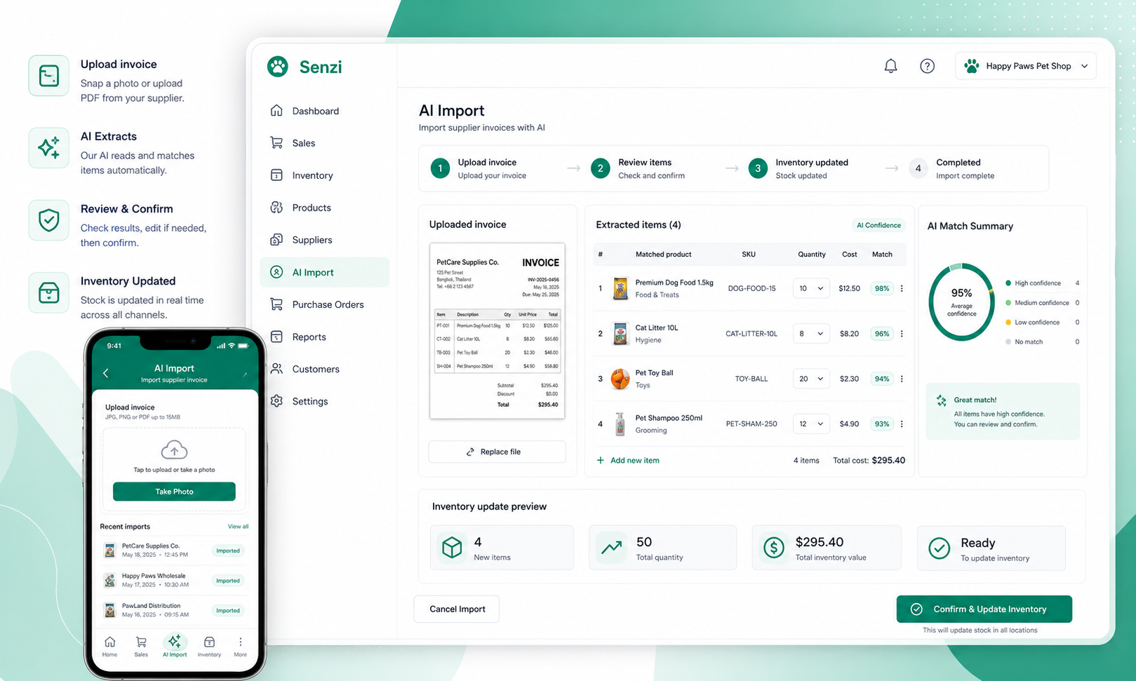 English AI inventory import workflow in Senzi